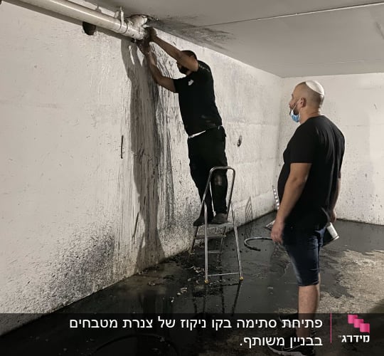 אדם מתקן צינור דולף בעזרת סולם